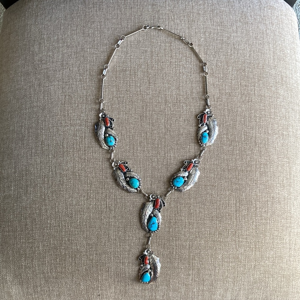 Sterling RBP RAYMOND PLATERO Turquoise Coral 22” Necklace with 4” Drop - Picture 2 of 9